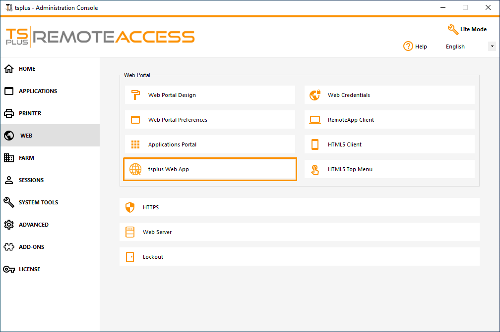 Screen capture of Remote Access Admin Console - TSplus  Progressive WepApp set-up